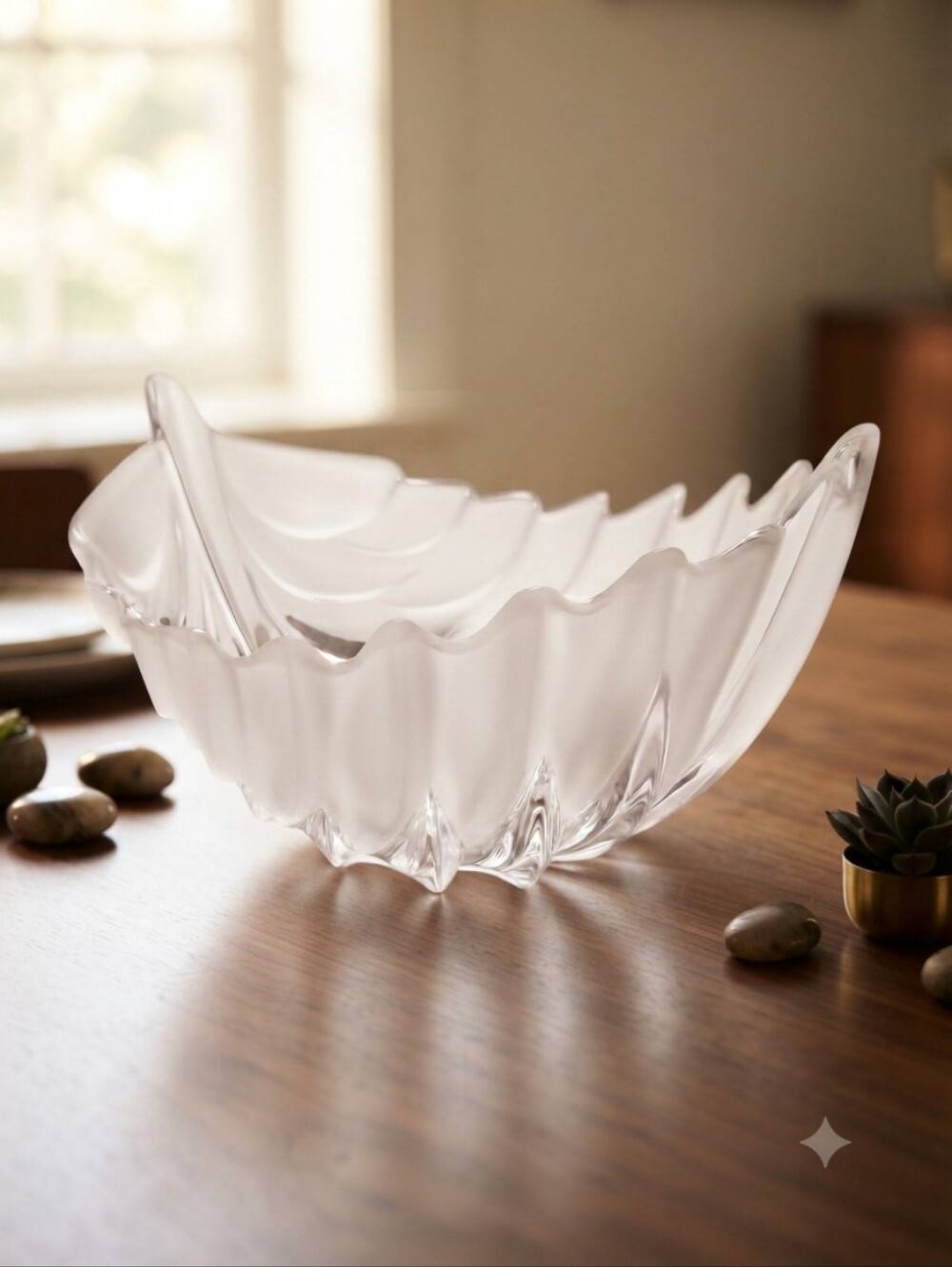 Vintage Lalique Style Frosted & Clear Crystal Art Glass Centerpiece Bowl 11 x 9